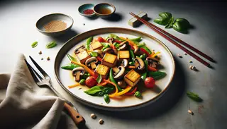 Vegan Asian cuisine dish with golden-brown tofu, shiitake mushrooms, colorful vegetables, garnished with basil and sesame seeds, presented on an elegant table with chopsticks.
