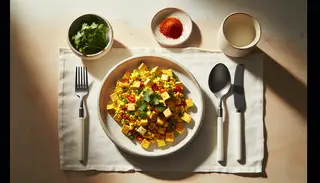 Image of a minimalistic breakfast table with 'Spicy Vegan Breakfast Delight': a vibrant tofu scramble on a white plate, fresh cilantro, and modern silverware on a wooden table.