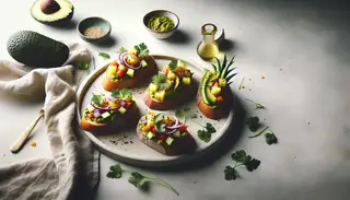 Minimalist modern table setting with Asian-inspired vegan Bruschetta on toasted baguettes, topped with avocado, pineapple, onion, cucumber, carrot, cilantro, and sesame seeds, beside a small vase with a green leaf.