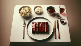 Minimalistic dinner table with vegan BBQ tempeh ribs on a white plate, accompanied by vegan coleslaw and potato salad, set against a neutral backdrop.
