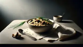 Realistic image of Vegan Shiitake Mushroom Risotto in a smooth bowl, garnished with chives, on a minimalist table with a white napkin and silver spoon, in cozy lighting.