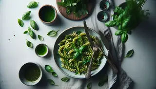 A nourishing vegan dinner: a plate of perfectly cooked pasta dressed in a vibrant sauce of fresh green herbs, inviting comfort and satisfaction.