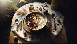 Rustic breakfast bowl with millet, almond milk, maple syrup, cinnamon, walnuts, cranberries, and apples on a wooden table in soft morning light.