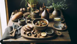 Vegan mushroom and walnut stew in a rustic bowl, with fresh bread and water with lemon on a wood-themed, elegant table setting.