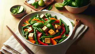 Image of vegan Thai Basil Stir-Fry in a white bowl, featuring tofu, colorful peppers, carrots, green beans, and fresh basil, with chopsticks and lime on a wooden table.