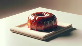 A realistic image of a glossy, glazed vegan African-inspired dessert on a minimalist table, highlighting its rich texture.