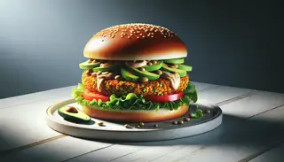 Vegan burger with a crispy lentil-quinoa patty, fresh lettuce, tomato, avocado, and vegan mayo in a bun, on a minimalist table.
