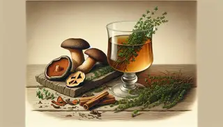 Forest Elixir drink on wooden table with thyme sprigs, chaga mushrooms, reishi mushrooms, and cinnamon stick, evoking natural herbal essence