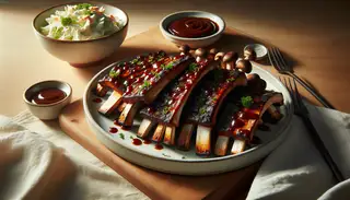 Image of smoky BBQ vegan ribs made from king oyster mushrooms, grilled and sauced on a white plate, with vegan coleslaw on a light wooden table.