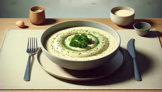A warm, creamy soup in a bowl with parsley, steam rising, on a minimalistic table setting.