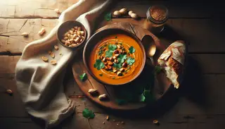 Image of creamy, smooth spicy peanut and sweet potato soup in a bowl on a rustic wooden table, garnished with cilantro and peanuts, beside crusty bread. Warm lighting enhances the inviting scene.