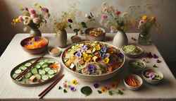 Elegant Asian vegan buffet with a colorful dish of glass noodles, tofu, and vegetables, garnished with edible flowers and sesame seeds, on a simple, softly-colored table.