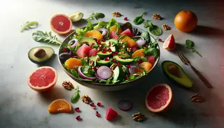 Colorful salad in a bowl with arugula, spinach, romaine, citrus fruits, red onions, radishes, pomegranate seeds, walnuts, and avocado slices, under natural sunlight.