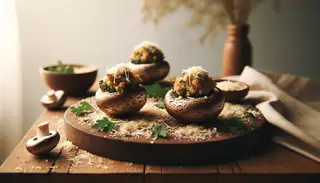 Vegan Stuffed Mushrooms with dairy-free parmesan on a rustic wooden table, exuding warmth and elegance.