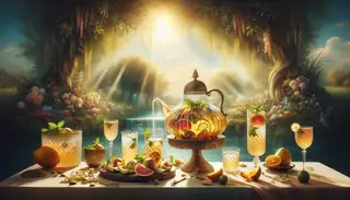 Envision a tranquil setting immersed in the heart of nature, under the tender caress of warm sunlight. A meticulously decorated table set against this idyllic backdrop grabs your attention. On display is a refreshing light beverage, its radiant colors and stimulating scent captivating your senses. The table boasts an enticing selection of meticulously sliced seasonal fruits. A stunning handcrafted pitcher filled with the inviting drink glamorously glimmers in the sun's light. Pre-filled glasses stand ready with glistening ice cubes, yearning to be splashed with the revitalizing drink. A delicate mint sprig adorns the scene, its aromatic freshness contributing to the ambiance. The tableau offers an oasis of tranquility and a moment of unrivaled ecstasy. Picture yourself sitting at this scenic table, indulging in the invigorating flavors of an idyllic beverage. Allow it to awash and revive your senses as you surrender to the enchanting beauty of the natural surroundings.