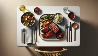 Image of a minimalist dining table with Spicy Vegan BBQ Tempeh Ribs on a plate, grilled vegetables, and vegan coleslaw, set against a neutral background.