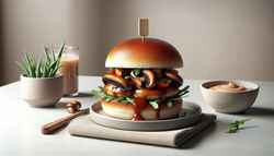 Vegan slider with caramel-coated mushrooms, arugula, and tomatoes on a toasted bun, on a simple table with a neutral background.