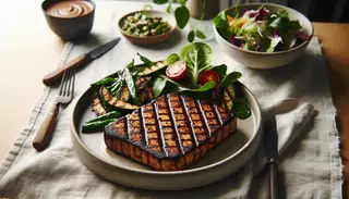 Grilled tempeh steak with char marks on a clean plate, accompanied by a fresh salad, in a minimalist, naturally lit setting.