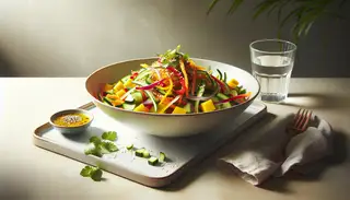 Colorful Asian-themed vegan salad in a white bowl with mango, cucumber, red pepper, carrot, onion, cilantro, and sesame seeds, glossy dressing, on a minimalist table with a glass of water.
