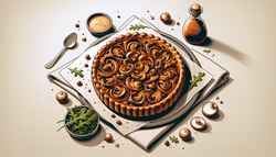 A minimalist culinary display featuring a vegan caramelized onion and mushroom tart with a golden crust and arugula garnish on a neutral background.