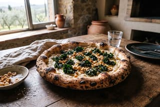 Artisanal vegan white pizza with a bubbly charred crust topped with dark kale and hazelnuts on a rustic wooden table.