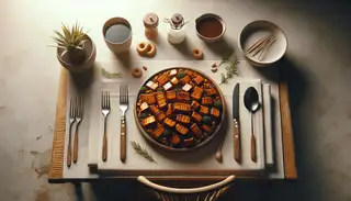 Stylishly set dinner table featuring Umami Vegan BBQ Jackfruit dish, exuding savory allure in cozy BBQ ambiance.