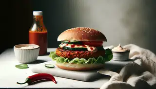Gourmet vegan burger with a tempeh-miso-chili patty, fresh vegetables, and spicy mayo on a minimalist table setting.