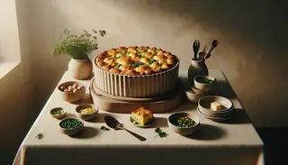 Minimalist buffet table featuring a golden-crusted vegan casserole in an elegant dish, accented by soft lighting, with parsley and a serving utensil.