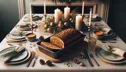 Elegant festive table with a vegan nut roast in a loaf pan, surrounded by candles, pine cones, and a simple greenery garland.