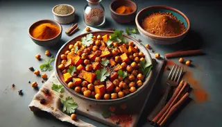 Roasted vegan snack with sweet potatoes and chickpeas, spiced with paprika, cumin, and cinnamon, garnished with coriander and sesame seeds on a simple table.