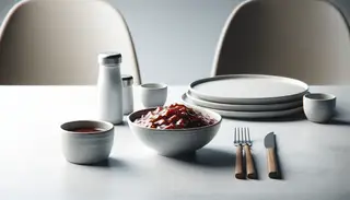 A small bowl of rich, dense marinade on a minimalist table setting, exuding elegance and readiness to be enjoyed.