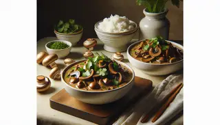 Image of a vegan Asian-inspired Mushroom Stroganoff in a white bowl, garnished with coriander, next to rice or noodles, on a simple wooden table.