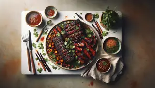 Vegan barbecue feast on a minimalist table, with smoky, spicy dishes and a small bowl of cilantro, in warm, inviting colors.