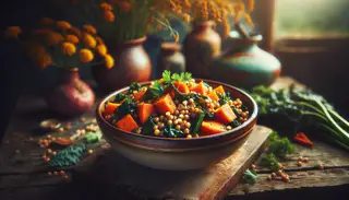Image of a vibrant sorghum and sweet potato stew in a ceramic bowl on a rustic table, highlighted by natural light and wildflowers.