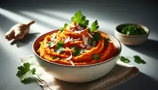 A creamy, vibrant vegan whipped sweet potato dish with ginger and coconut, garnished with cilantro and toasted coconut flakes, on a minimalistic table setting.