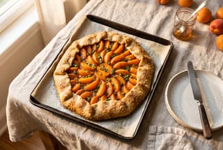 Golden Apricot and Charred Jalapeño Masa Galette A rustic apricot and jalapeño galette with a golden masa crust, served on a white linen table in warm afternoon sunlight.