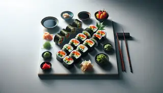 Image of a minimalist tasting menu with a vibrant vegan sushi roll filled with marinated tofu, cucumber, carrot, avocado, and red bell pepper, accompanied by soy sauce, ginger, and wasabi.