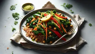 A vibrant plate of Sautéed African Salad with millet, kale, chickpeas, carrots, and red bell pepper, topped with coriander and lemon juice, on a simple, elegant setting.