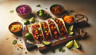 Colorful Szechuan BBQ jackfruit tacos on a minimalist table, highlighted by red cabbage, carrots, cilantro, and lime wedges, with a neutral background.