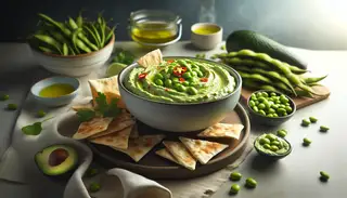 Creamy avocado-edamame dip in a stylish bowl, drizzled with olive oil and chili flakes, served with pita chips and fresh veggies, in a clean, minimalist setting.