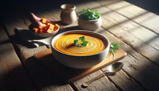 Creamy vegan coconut sweet potato soup in an elegant bowl, accented with fresh cilantro and a spoon, on a rustic wooden table under soft natural light.