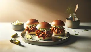 Vegan BBQ Pulled Jackfruit Sliders on a modern plate, with vegan coleslaw, lightly toasted buns, and fresh cilantro, against a soft-colored background.