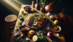 Imagine a tranquil setting with a lunch table bathed in soft, welcoming light. The table is gracefully adorned with a wooden platter, which is overflowing with cooked millet and black beans. The array of vibrant colors from sautéed onions, garlic, and red bell peppers spark the ambiance. The intoxicating aroma of African herbs and spices fills the air, further adding to the inviting atmosphere. Fresh green cilantro leaves, delicately arranged on the dish, offer a refreshing contrast. Scattered around the platter are zesty lemon wedges, ready to add an extra tang to the meal. This image quintessentially captures the essence of traditional African cuisine, offering a rich tapestry of textures, vivid hues, and mouthwatering presentation. It symbolizes the harmonious blend of vegan components and authentic African aromas.