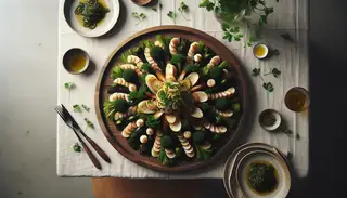 A vegan seafood platter on a minimalist table, featuring marinated hearts of palm, jackfruit, and seaweed, garnished with parsley.