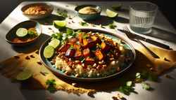 A minimalist table setting highlighting a plate of sticky, spiced vegan sweet potatoes over millet, garnished with peanuts, cilantro, and lime, under vibrant lighting.