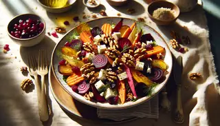 Imagine a beautifully set table under natural sunlight with a vibrant salad on it. This salad is packed with an assortment of roasted root vegetables: red beets, orange carrots, and off-white parsnips. Their cooked aroma fills the air, building a sense of warmth and comfort. Sprinkled on top are toasted walnuts adding a delightful crunch, and dried cranberries lending a sweetness to the mix. Also included is crumbled vegan feta cheese, contributing a creamy and tangy element. Fresh dill is scattered over the salad for a refreshing note. The salad is drizzle light with a tangy dressing made of extra virgin olive oil, apple cider vinegar, Dijon mustard, maple syrup, and seasoned with salt and pepper. This visually appealing dish is a perfect dish for a light lunch or a refreshing side, rich in nutrients, and an absolute delight to the eyes in every sense.