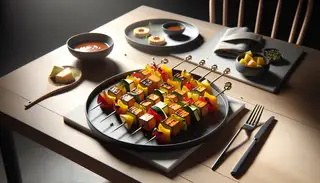 Image of Asian-inspired vegan BBQ skewers on a minimalist table. Tempeh, colorful bell peppers, zucchini, and pineapple are grilled with char marks, alongside sleek utensils and a marinade bowl.