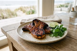 Glazed smoky adobo king oyster mushroom planks on a white ceramic plate with lime wedges on a sunlit wooden table.