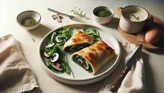 Freshly baked vegan mushroom and spinach strudel on a white plate, surrounded by dressed greens, in a minimalistic setting with soft natural light.