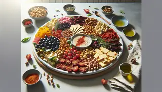 Vegan charcuterie platter on a simple table, featuring colorful ingredients like chickpeas, smoked tofu, and nuts, garnished with herbs and spices.